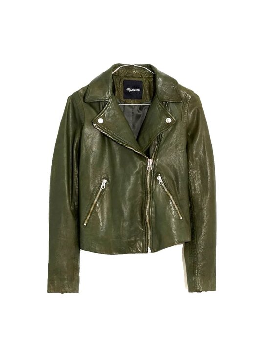 NWT Madewell The Washed Leather Motorcycle Jacket in Dark Forest Green M $525 - Picture 1 of 9